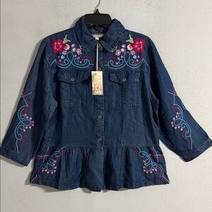 NWT Johnny Was Dark Blue Denim Jacket with Pink and Light Blue Embroidery